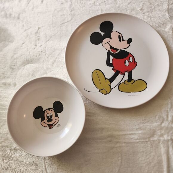 Vintage Disney Mickey Mouse Melamine 9" Plate and 6" Bowl - Picture 1 of 6